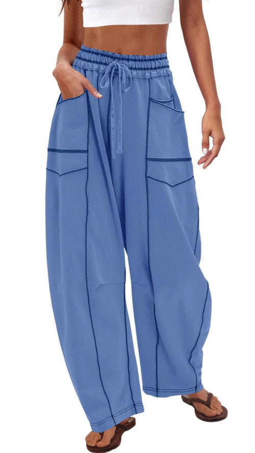 Independent Station Fashion Comfortable Women's Sports Pants Loose Wide-Leg Pants Drawstring High-Waist Casual Pants Pocket Cargo Long Pants